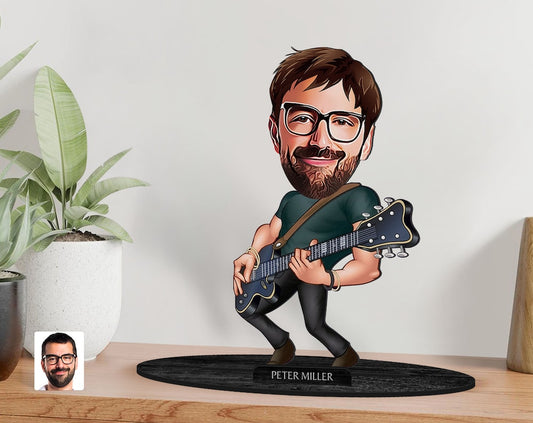 Personalized 3D Wooden Cartooned Guitarist Figurine Trinket